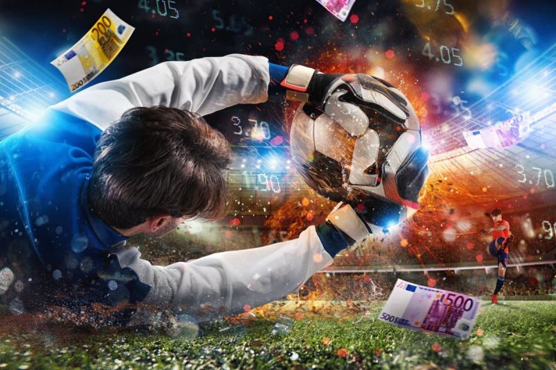 portar aparand in timpul unui meci de fotbal cu bancnote si cote de pariuri in jur