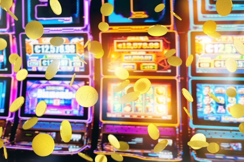 aparate de casino afisand diverse jackpoturi cu monede in prim-plan