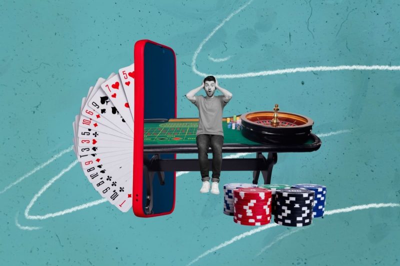 ilustratie cu un barbat uimit, asezat pe o masa de ruleta, alaturi de un telefon mobil, cu jetoane si carti de joc in jur