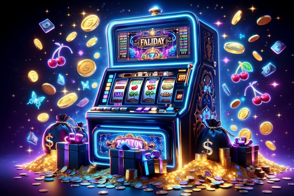 ilustratie cu o masina de slot in culori neon, cu jetoane, cadouri si alte elemente specifice cazinourilor in jur