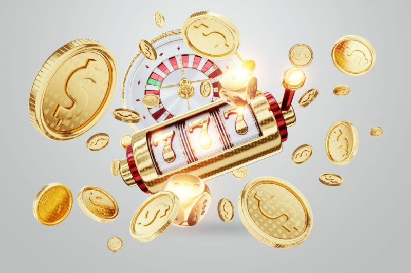 ilustratie cu un slot online si o ruleta, cu jetoane de cazino in jur