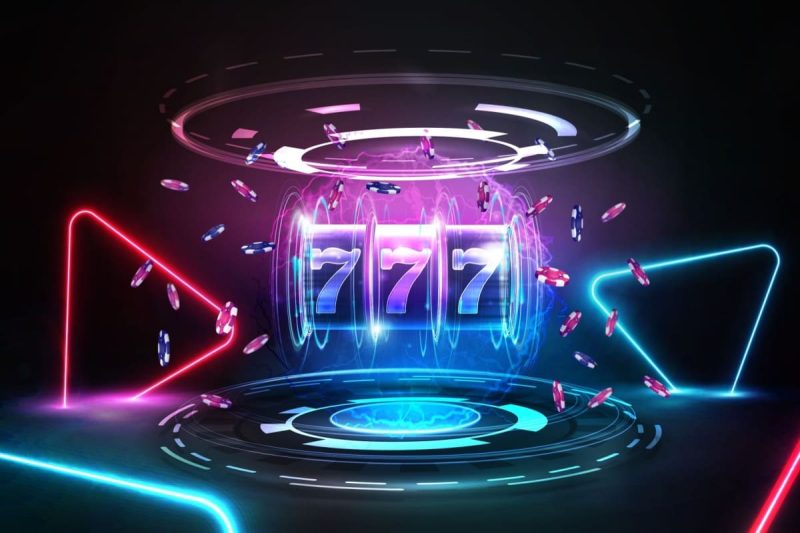 ilustratie cu un tambur de slot digital cu septari norocosi, in culori neon