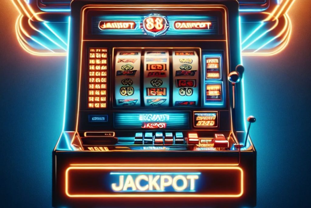 ilustratie cu un slot mecanic in culori neon