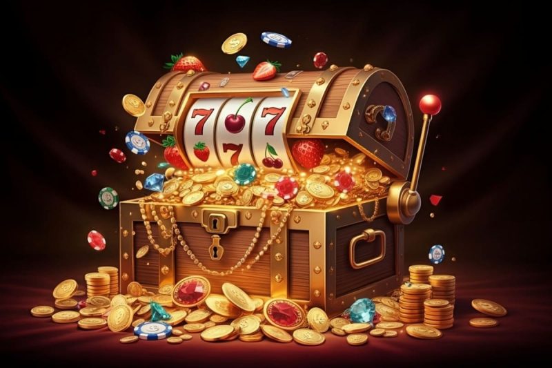 slot de cazino sub forma unui cufar cu aur, cu fructe si jetoane in jur