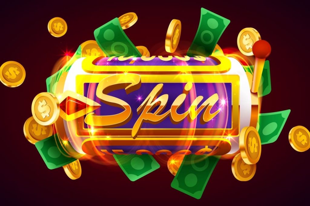 ilustratie cu tamburul unui slot cu maneta pe care scrie SPIN, inconjurat de bancnote si jetoane de casino