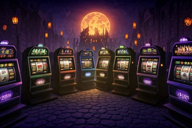 ilustratie cu mai multe aparate de slot cu tematica misterioasa, intr-un decor de Halloween