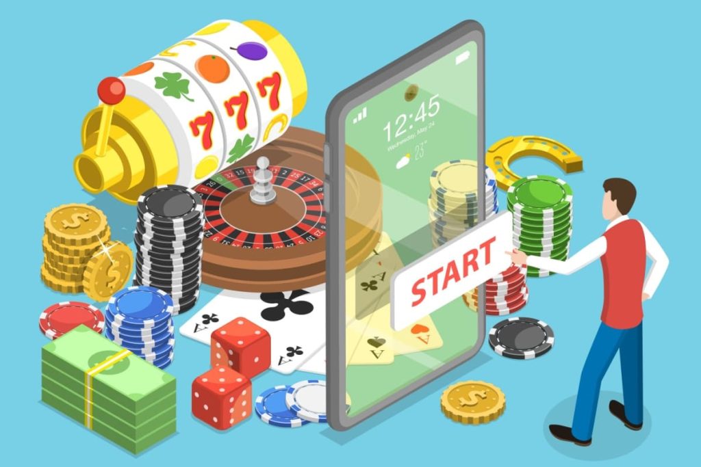 ilustratie cu barbat in fata unui telefon mobil pe care apare un buton START, inconjurat de jetoane de cazino, ruleta, carti de joc, zaruri, bancnote si un tambur de slot