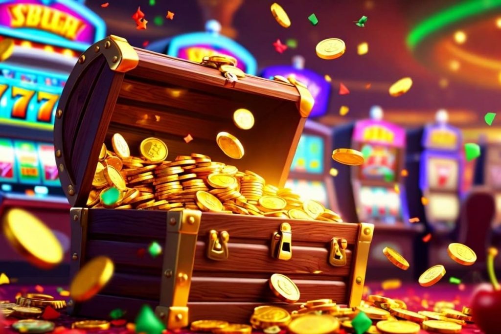 cufar cu aur intr-o sala de cazino cu aparate de slot si jetoane in jur