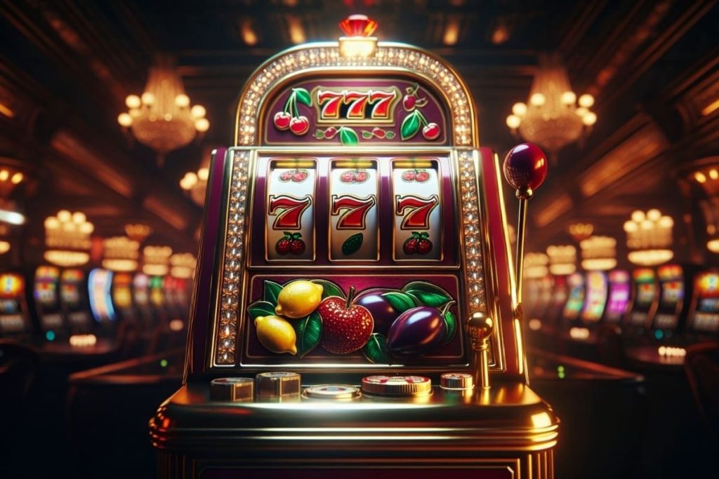 slot mecanic cu septari norocosi si fructe intr-o sala de cazino