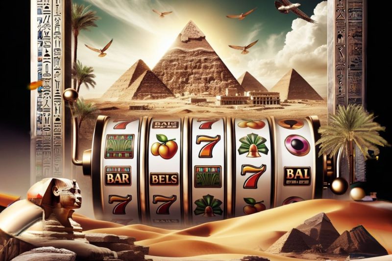 ilustratie cu un slot de cazino inconjurat de elemente specifice egiptului antic