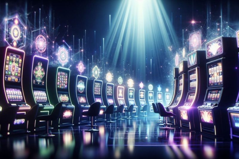 sala de cazino cu mai multe aparate de slot in culori neon