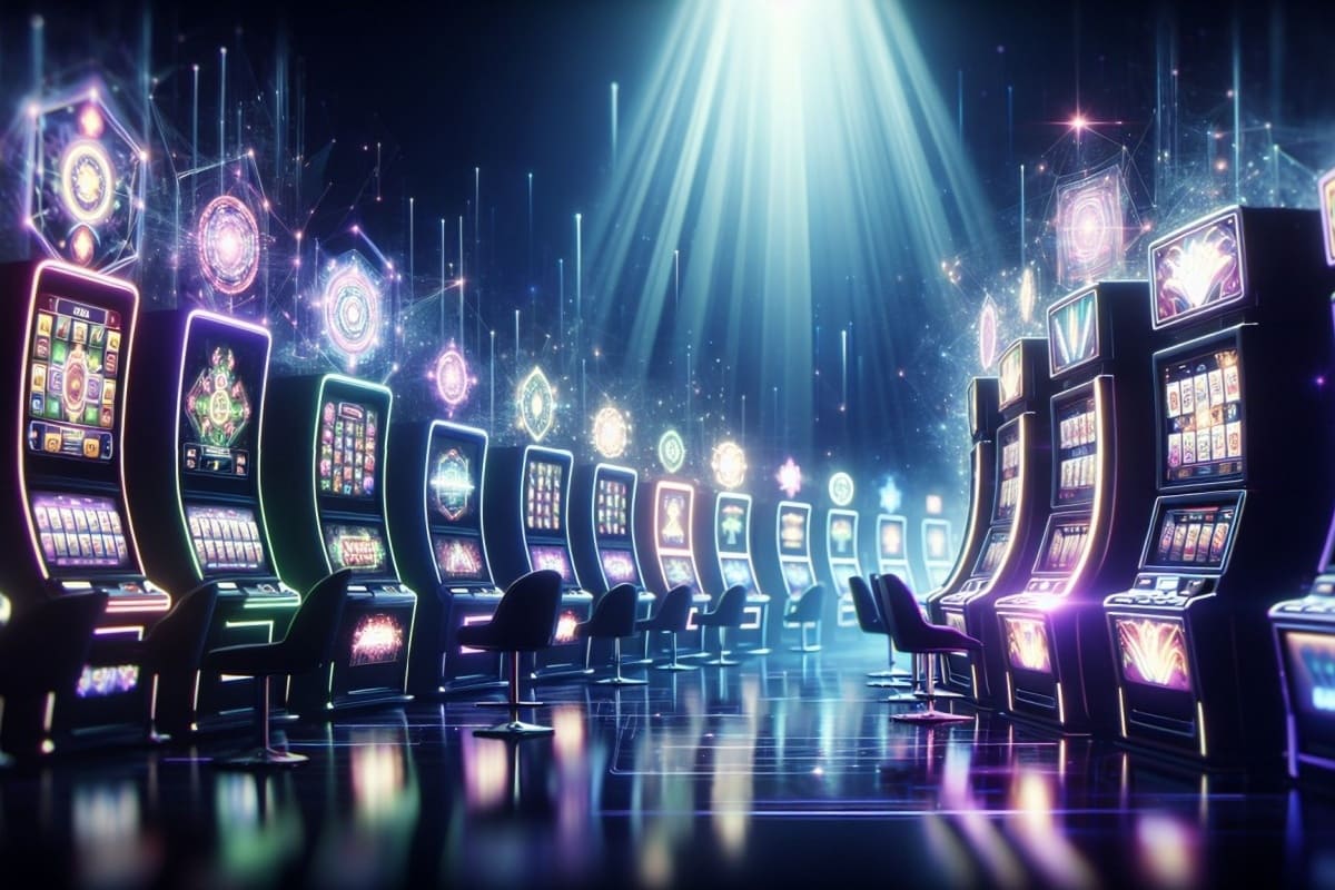 sala de cazino cu mai multe aparate de slot in culori neon