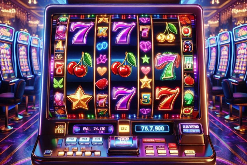 ilustratie slot cu fructe, septari si stele intr-o sala de cazino