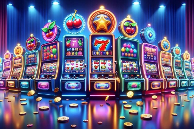 ilustratie cu mai multe aparate de slot in culori neon, cu jetoane de cazino in jur