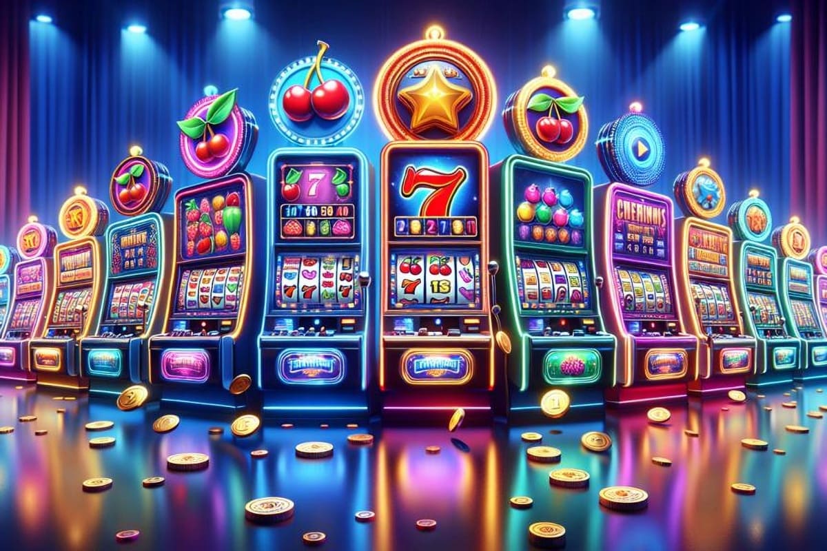 ilustratie cu mai multe aparate de slot in culori neon, cu jetoane de cazino in jur