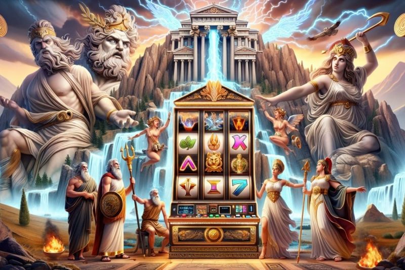ilustratie cu mai multi zei si erai din mitologia greceasca in jurul unui aparat de slot