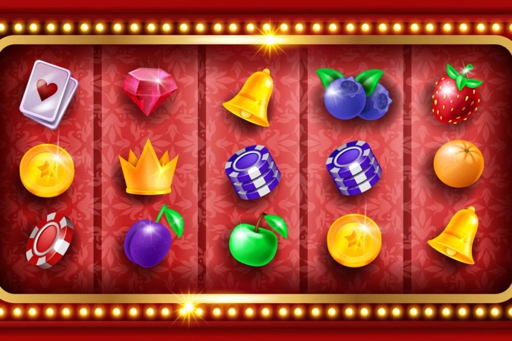 ilustratie cu un slot online, cu fundal rosu si simboluri specifice jocurilor de cazino