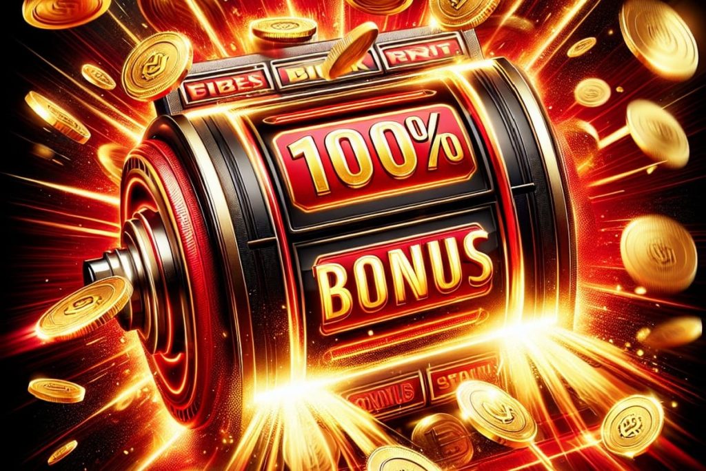ilustratie rola a unui a unui slot online pe care scrie 100% BONUS, cu jetoane de cazino in jur