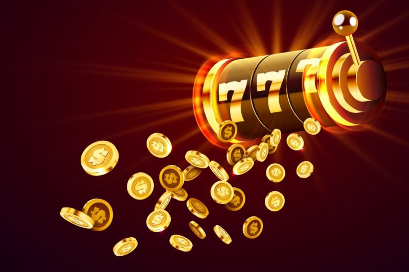 ilustratie cu un tambur de slot online in nuante aurii, cu jetoane de cazino cazand din el