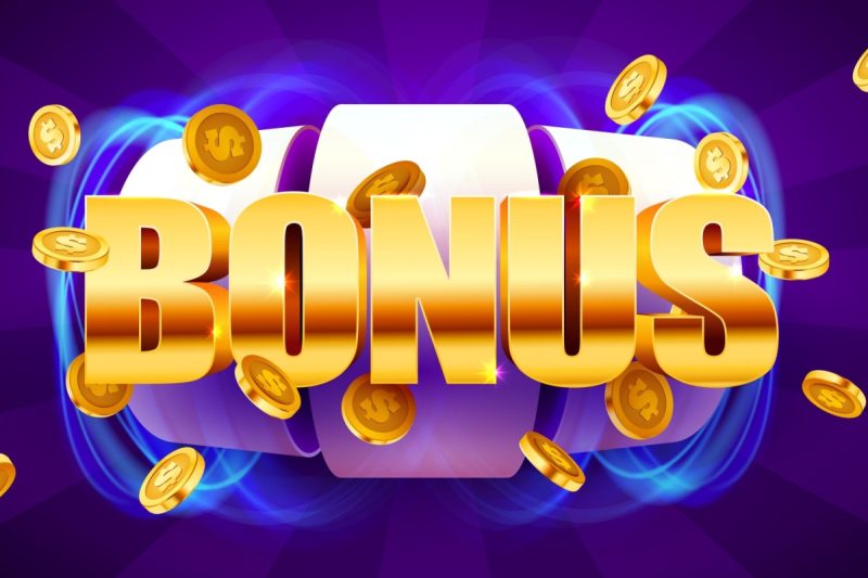 ilustratie cu un tambur de jocuri slot online, afisand BONUS, cu jetoane de cazino in jur