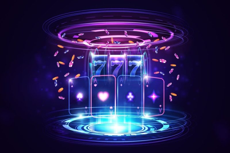 ilustrtatie in culori neon cu un tambur de slot si patru asi, cu jetoane de casino in jur