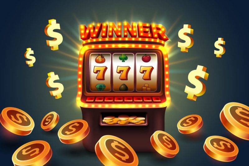 ilustratie cu un slot pe care apare o linie castigatoare de septari, cu jetoane de casino in jur