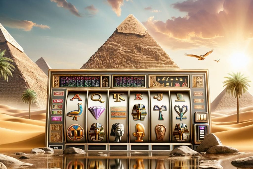 ilustratie cu un aparat de slot cu chipurile faraonilor celebrii in fata unor piramide8
