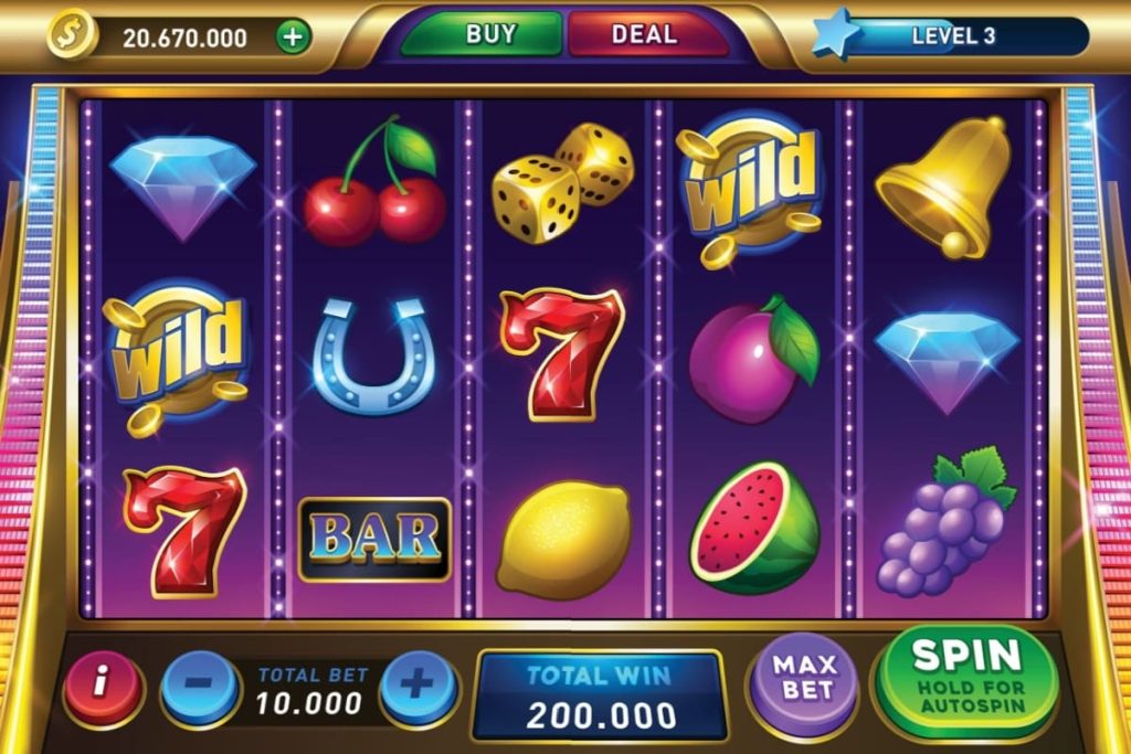 ecranul unui slot de cazino online cu fructe, septari, simbol BAR, clopotei si simbol Wild