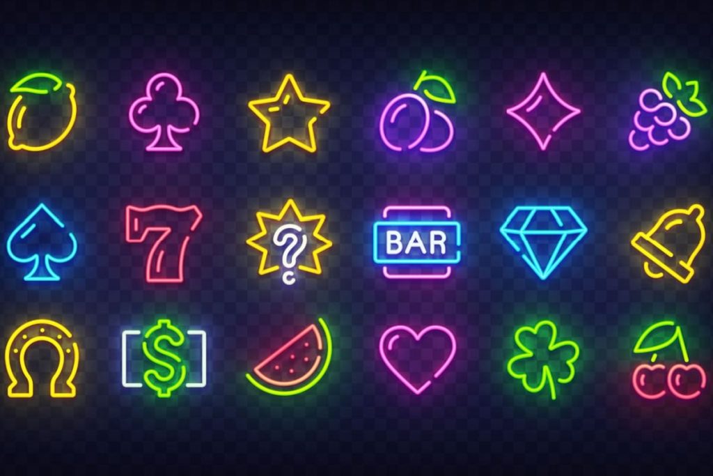 ilustratie cu simboluri specifice jocurilor de cazino in culori neon: fructe, septari, carti de joc