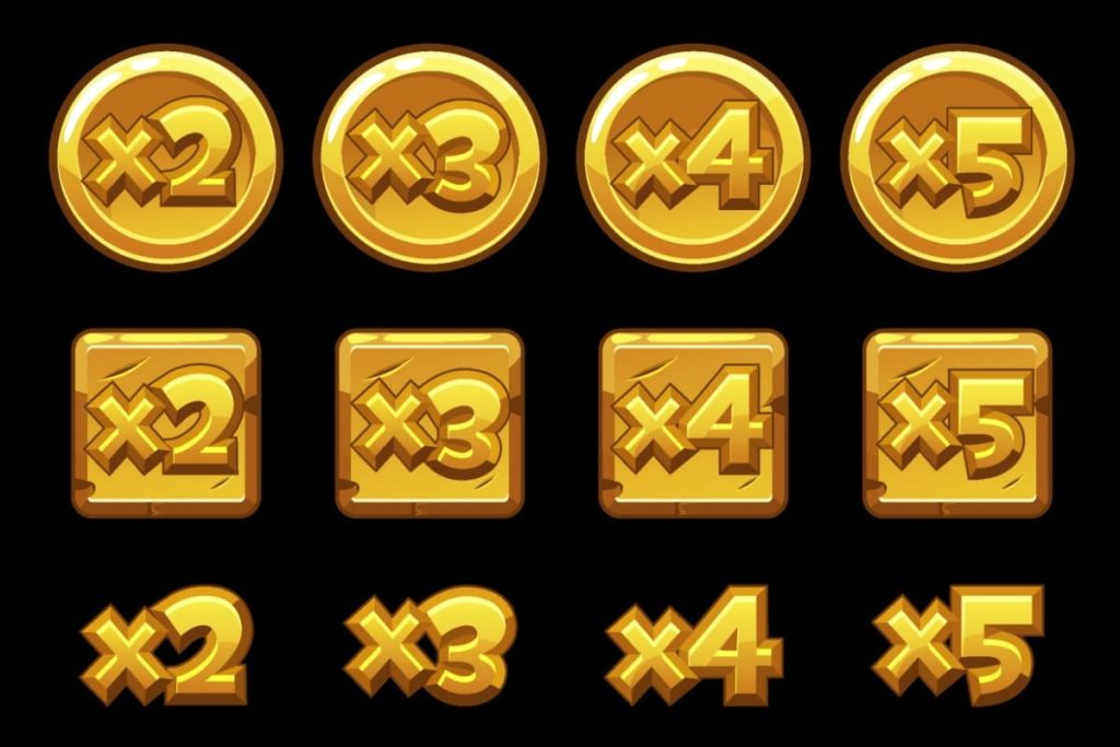 diverse simboluri de multiplicatori din sloturi x2, x3, x4 si x5 pe fundal negru