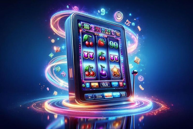 ilustratie telefon mobil sub forma unui slot mecanic, cu fructe si jetoane de cazino in jur