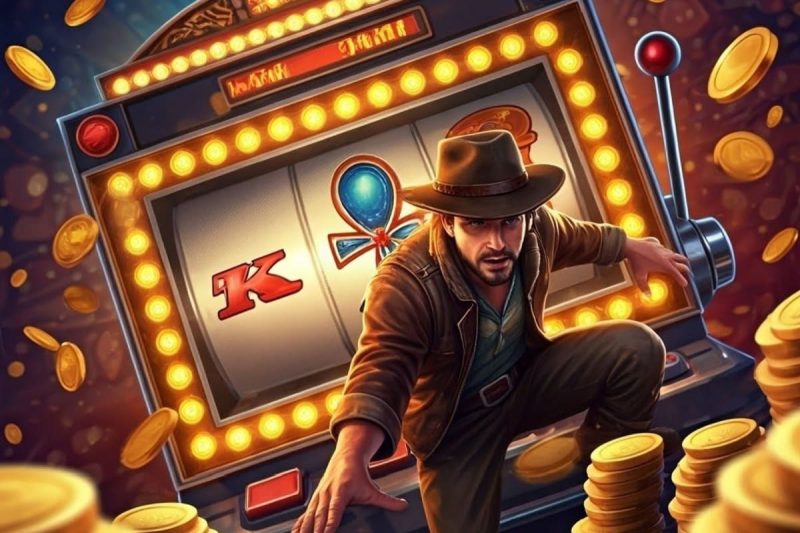 ilustratie cu un aventurier in fata unui aparat de slot, cu jetoane de cazino in jur