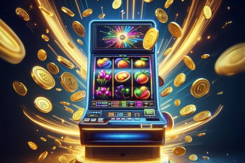 ilustratie cu un slot mecanic cu fructe, cu multe jetoane de cazino in jur