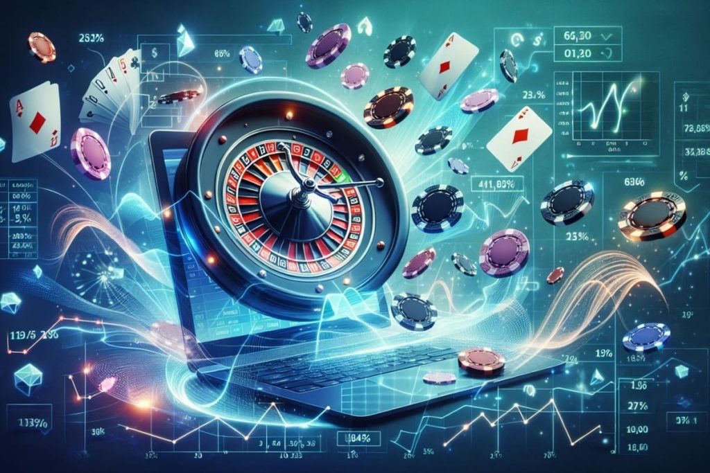  ilustratie laptop, cu o ruleta, carti de joc si jetoane de cazino, cu multiple grafice si statistici in jur