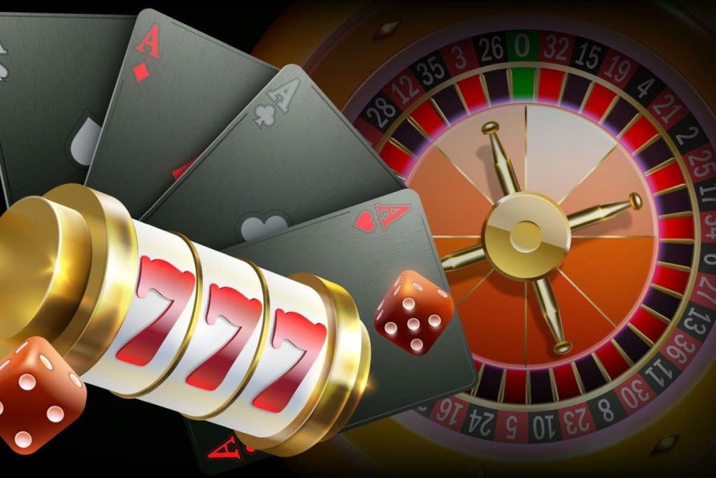 ilustratie cu un slot mecanic cu trei role, carti de joc, ruleta si zaruri