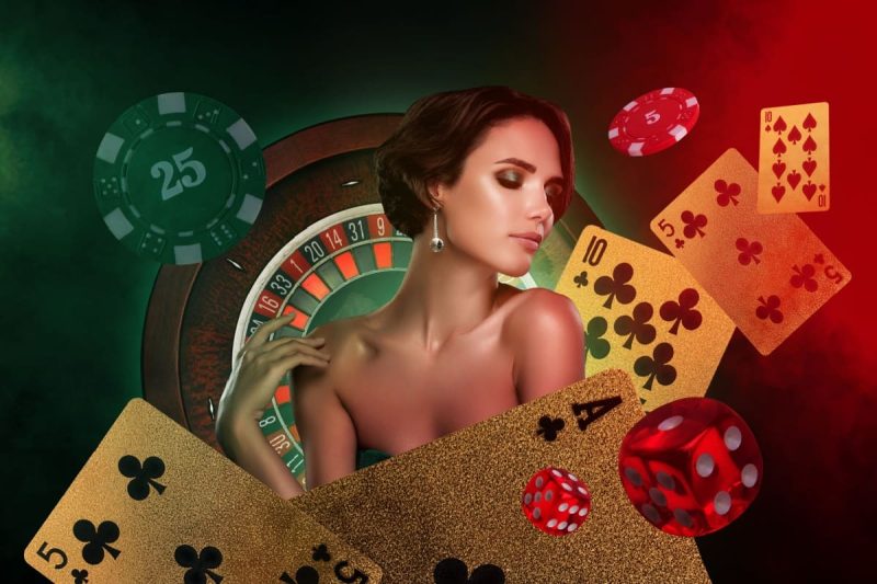 femeie eleganta, inconjurata de jetoane de cazino, zaruri, ruleta, carti de joc