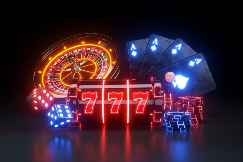 ilustratie cu un slot de cazino, ruleta, carti de joc, zaruri si jetoane in culori neon