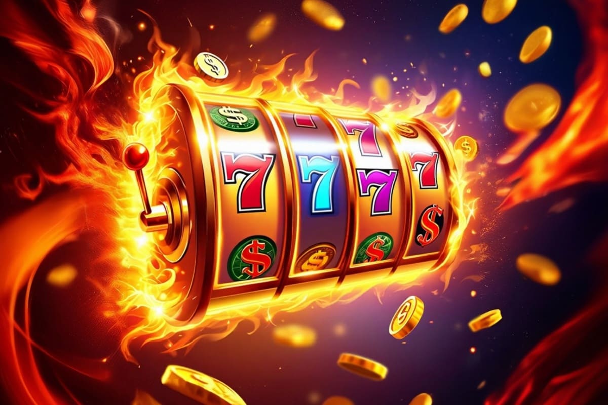 rola de slot mecanic cu septari norocosi si simboluri de dolari, cu jetoane de cazino in jur