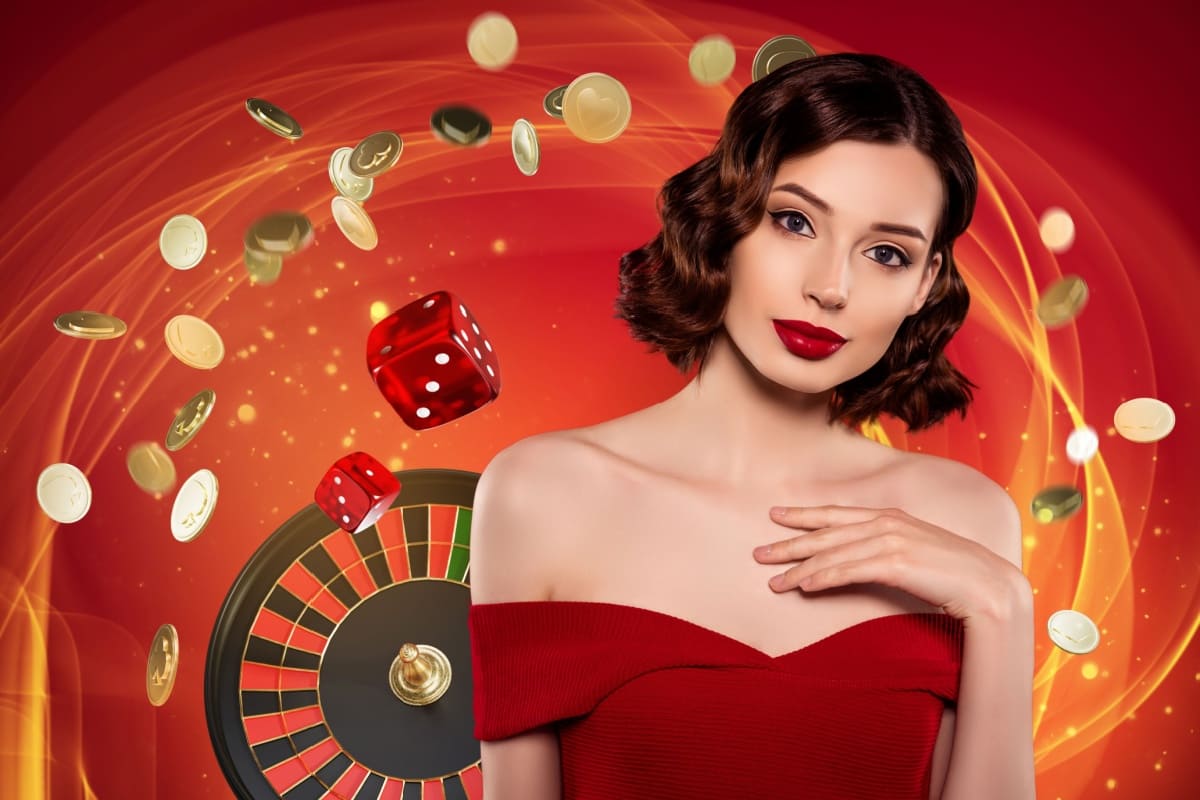 femeie crupier, cu o ruleta, zaruri si jetoane de cazino