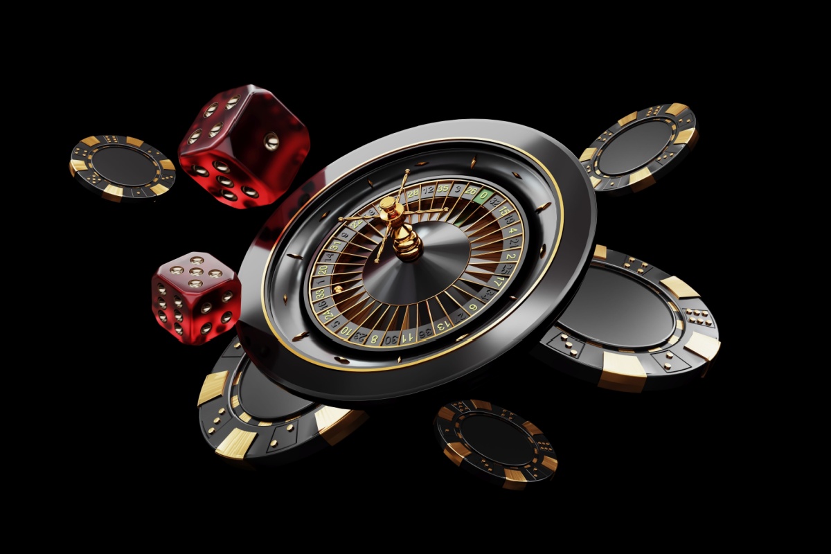 ilustratie cu o ruleta, zaruri si jetoane de cazino pe fundal negru