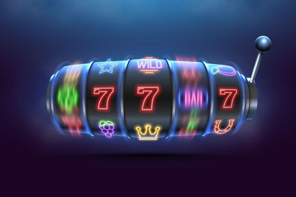  tambur cu cinci role, cu fructe, simboluri BAR, stele, septari si potcoave, in culori neon