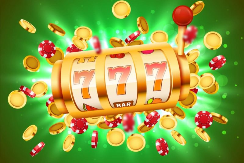 slot cu trei role, fructe, septari si potcoave, alaturi de multe jetoane de cazino aurii si rosii