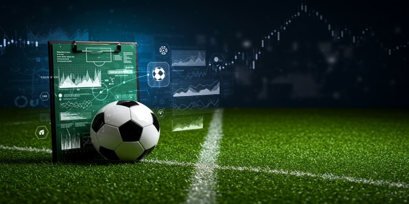 minge de fotbal pe teren si clipboarduri cu statistici