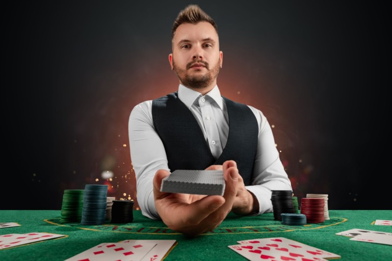 dealer intr-un studio de cazino online, in fata unei mese de blackjack, intinde pachetul de carti spre jucator